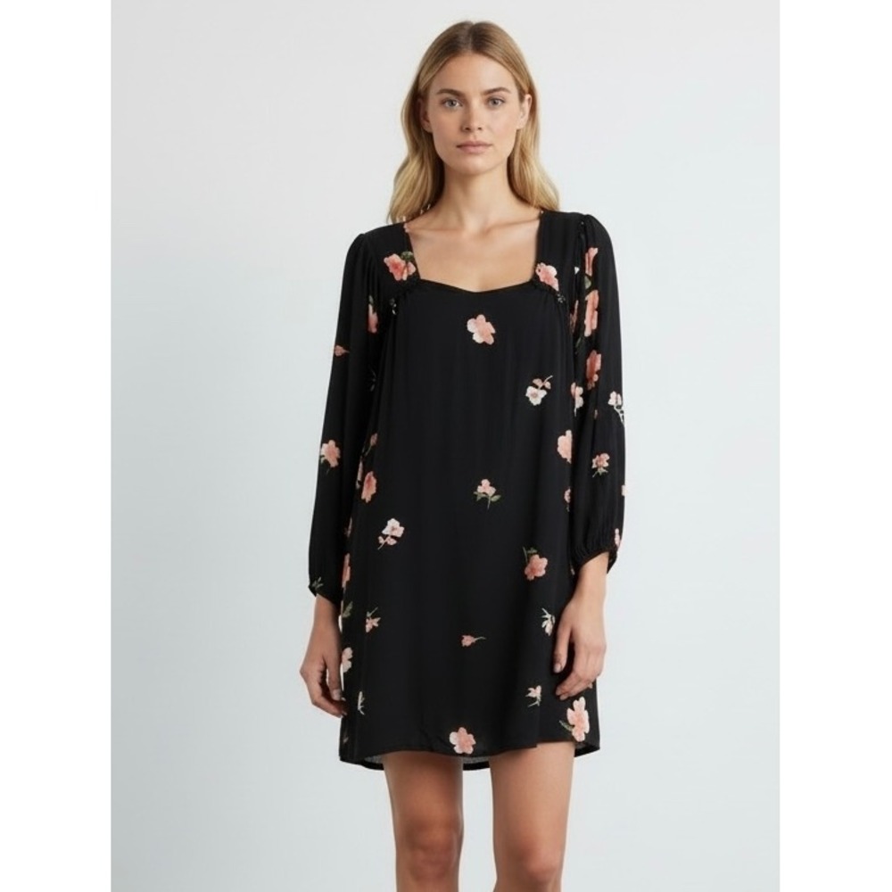 Billabong Black Peach Floral Square Neck Babydoll Mini Dress Large Long Sleeve